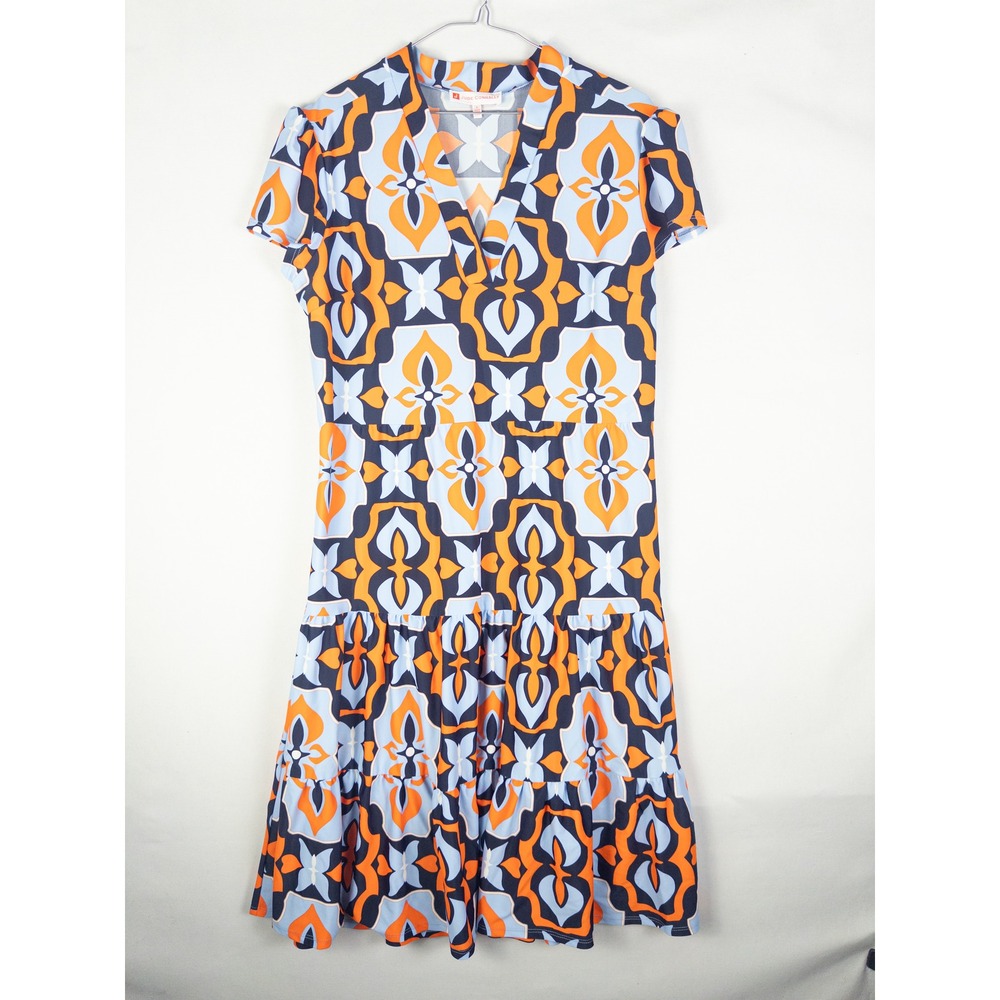 Jude Connally Geometric Print Tiered Dress Womens L Blue Orange Navy Resort Boho